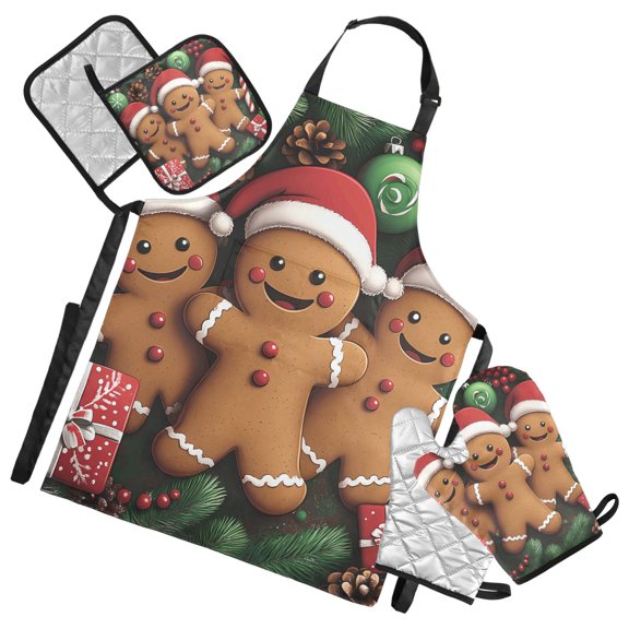 Christmas Candy Gingerbread Men 5 Pcs Kitchen Set Heat Resistant Oven Mitts and Non-Slip Pot Holders with Adjustable Cooking Apron