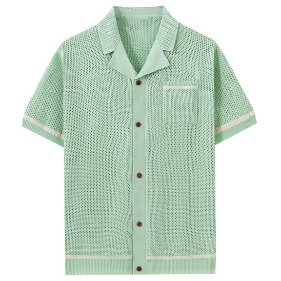 Men's Knit Button Down Shirt Short Sleeve Cuban Guayabera Shirts Casual Brathable Hollow Out Polo Summer Tops