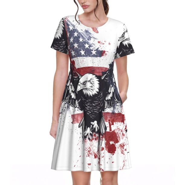 Fotbe American Flag Eagle Art Vestido Largo de Moda para Mujer, Vestido Tipo Camiseta con Manga Corta y Estilo Casual a Rayas y Bloques de Color
