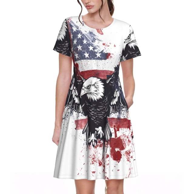 Fotbe American Flag Eagle Art Vestido Largo de Moda para Mujer, Vestido Tipo Camiseta con Manga Corta y Estilo Casual a Rayas y Bloques de Color