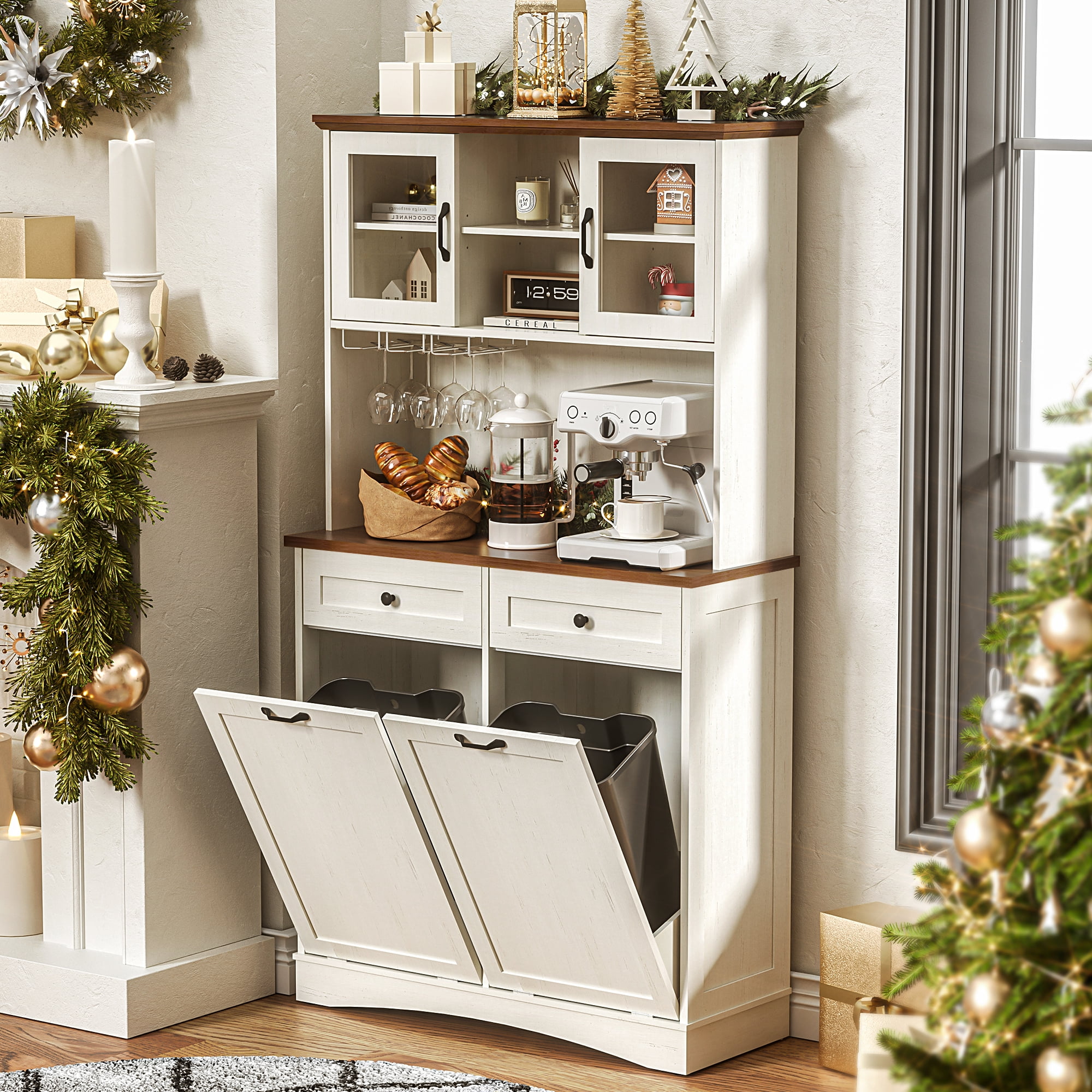 AHB 26 Gallon Tilt Out Trash Cabinet with Pantry Storage, Freestanding Kitchen Storage Organizer with Shelves, 39"L x 13.35"W x 72"H, White