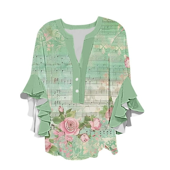 GERsome Women's Short Sleeve T-Shirts Button Down V Neck 3/4 Ruffle Sleeve Tunic Tops Summer Loose Fit Floral Print Dressy Blouse, Sizes S-2XL