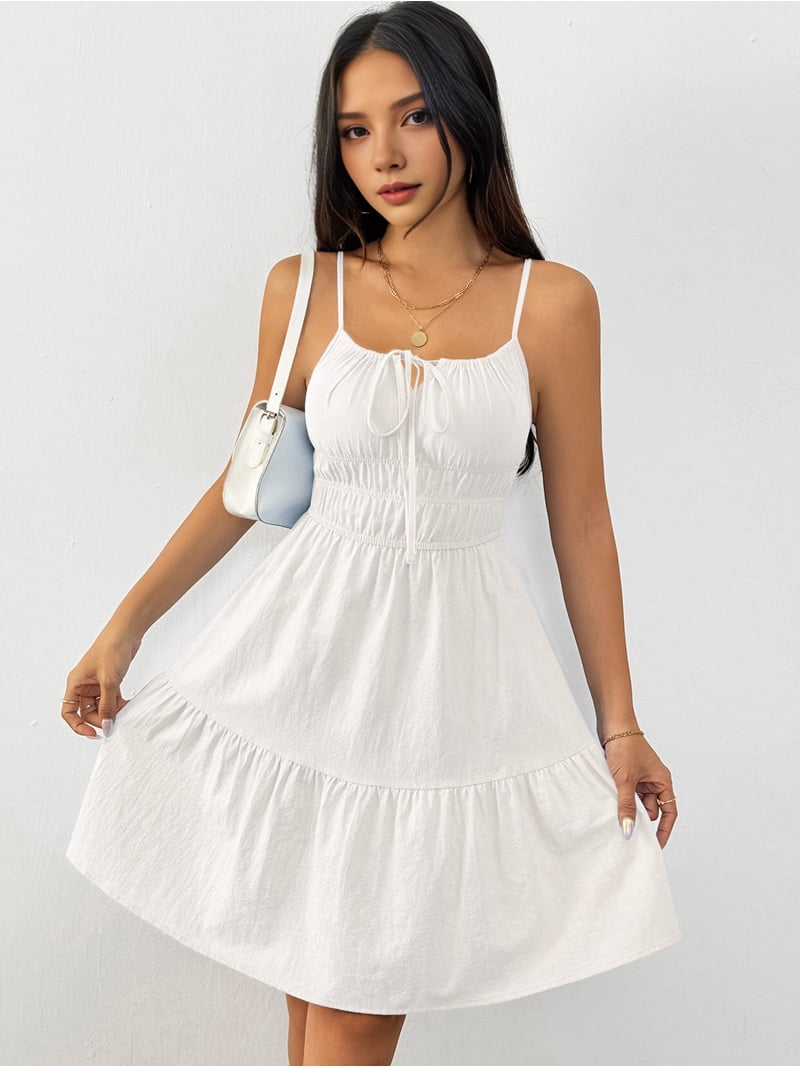 Womens Summer Spaghetti Strap Mini Dress Square Neck Sleeveless Smocked  Waist Tiered Flowy Sundresses Cream White M - Walmart.com