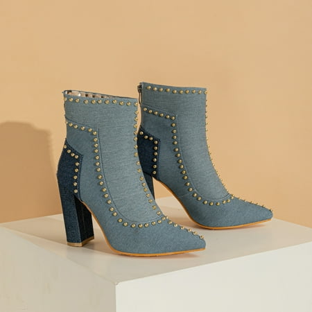 

Women‘s Chunky High Heel Short Boots Colorblock Metal Bead Decor Pointed Toe Ankle Boots Knit Zipper Shoes