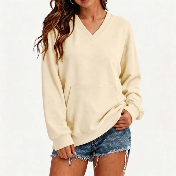 DISKEBUISS Women's V Neck Sweatshirt Long Sleeve Oversized Top with Kangaroo Pocket for Fall Winter Casual Pullover