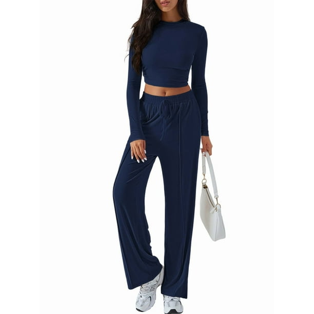 Conjunto Deportivo Y2K de Dos Piezas para Mujer, con Larga, Top Ajustado y Pantalones Anchos, Ideal para y Otoño Azul Oscuro L