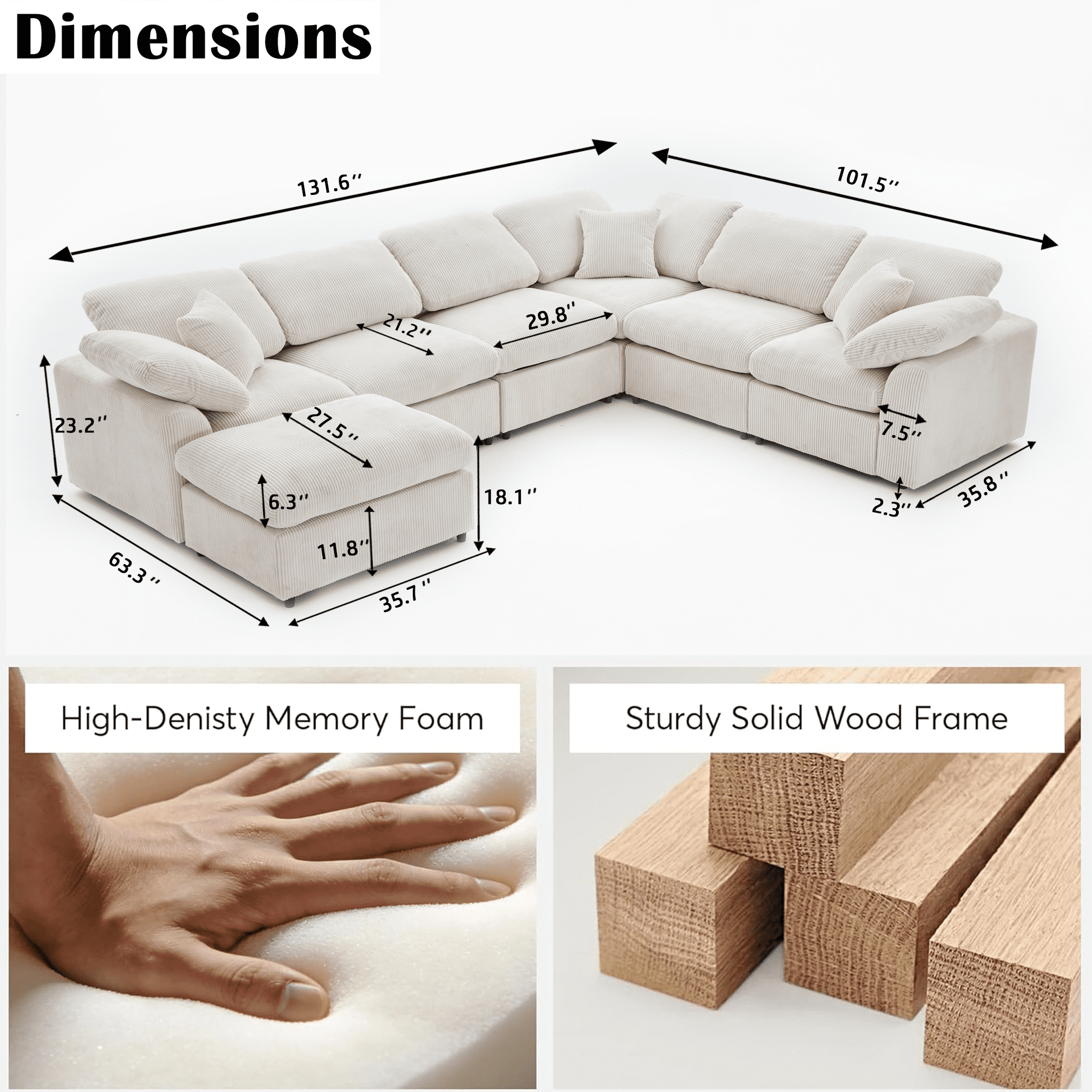 BINBANK Oversized 7-Seater Modular Sectional Sofa with Movable Ottoman, Corduroy L-Shaped Couch for Living Rooms/Apartments/Offices,Beige