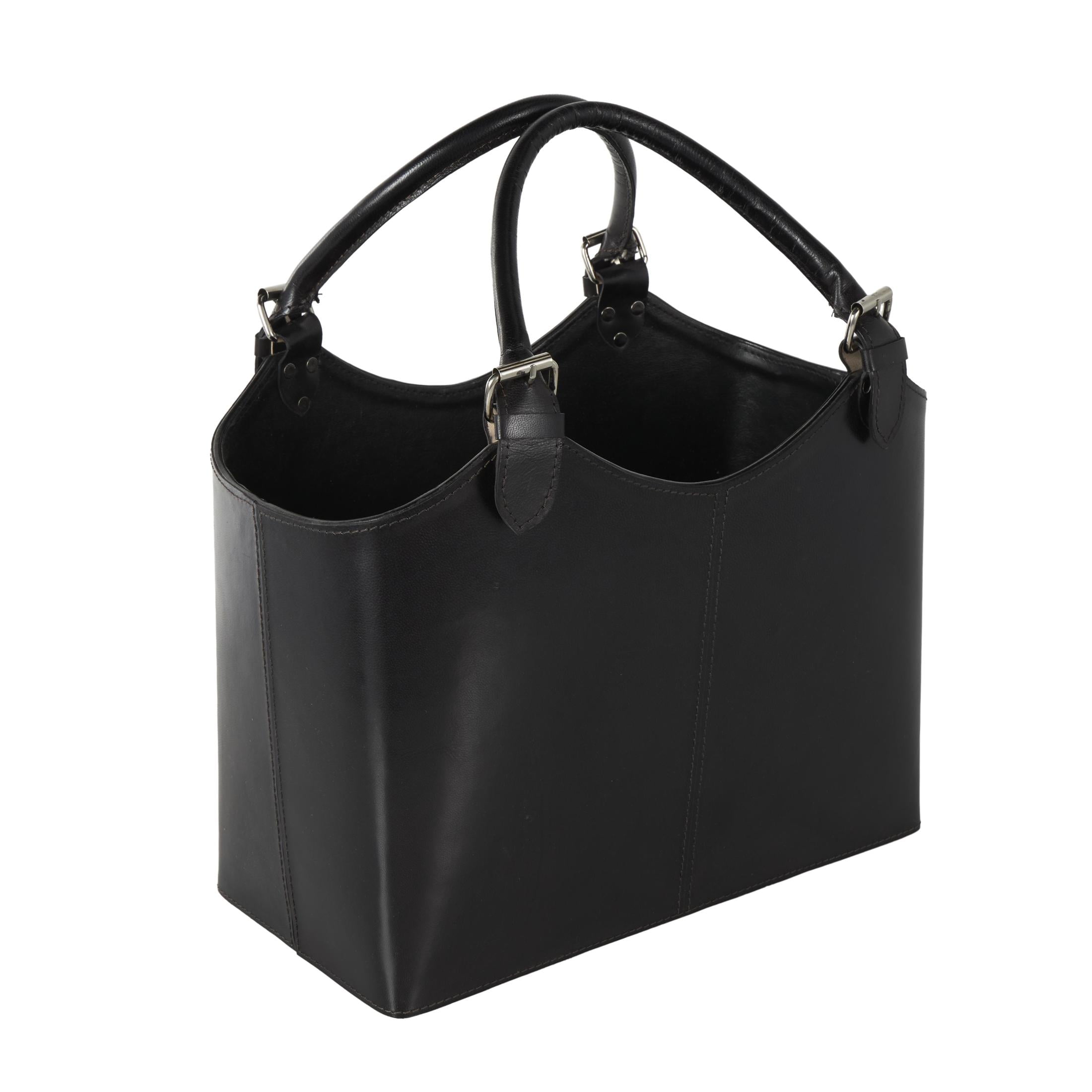 DecMode 18" Black Leather Handmade Box Style Magazine Holder with Detail Stitching and Curved Buckle Handles