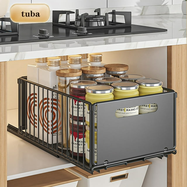 1pc/2pcs Expandable Pull Out Cabinet Organizer, Foldable Sliding Drawer With Adhesive Film, Heave Duty Under Sink Cabinet Shelf For Kitchen Pantry, No Screw/punch