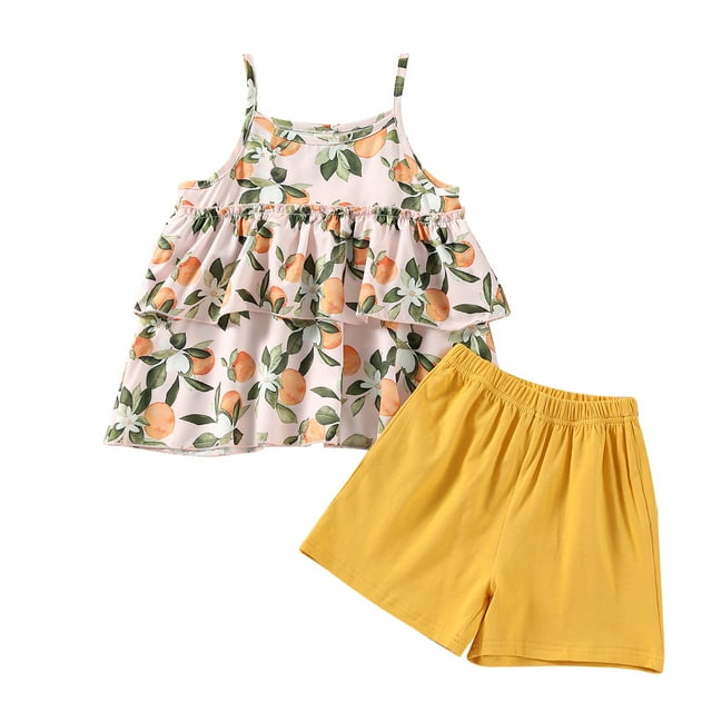Faithtur Girl?s Summer Fruit Suspender Tops and Solid Color Short Pants Set