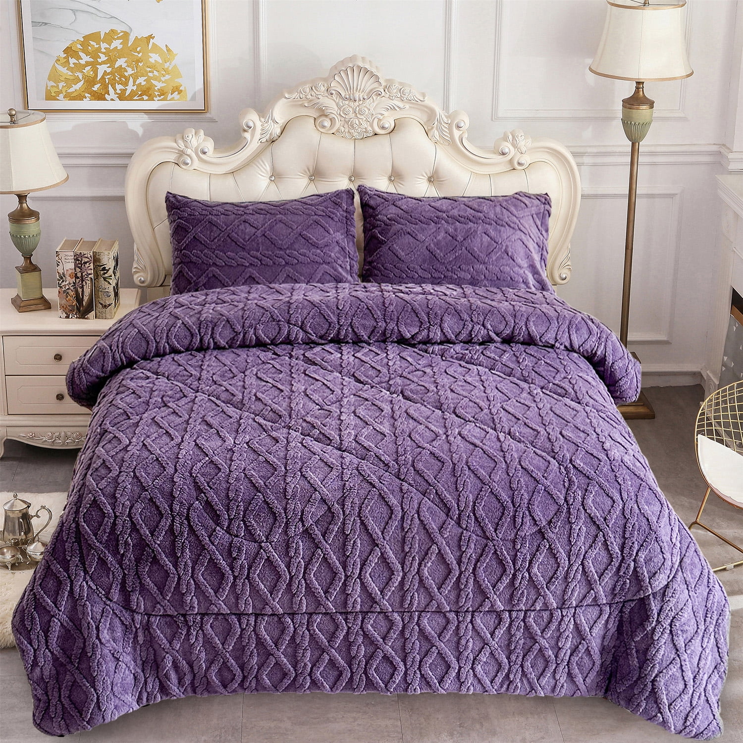 NC 3 Piece Sherpa Blanket,Winter Warm 3 Ply Borrego Fleece Blanket,Queen 75"x83",Purple