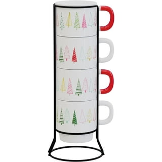 Coffee Mug Rack with 4 Mugs Color-Glazed Stackable Kitchen Storage