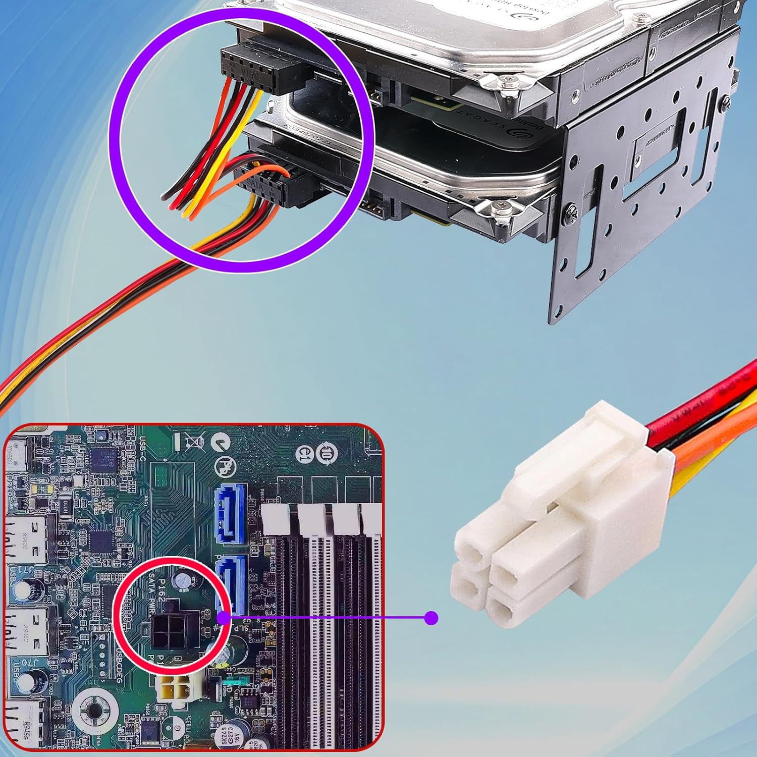 HRTGFD-HP Z600 Workstation–4Pin White Square Plug to Dual Black SATA 15Pin Connectors,18AWG Heavy-Duty Copper Wire,25cm+15cm Length,Compatible with SATA HDD/SSD/Optical Drives