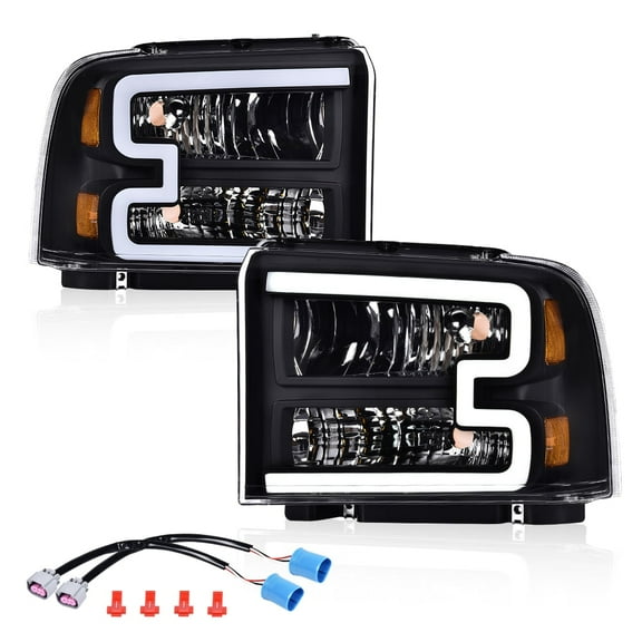 PIT66 LED DRL Headlight Clear lens Black Housing Amber Reflector Fit for Ford F250 F350 F450 F550 Super Duty 2005-2007/Fit for Excursion 2005 6C3Z13008DB,6C3Z13008CB