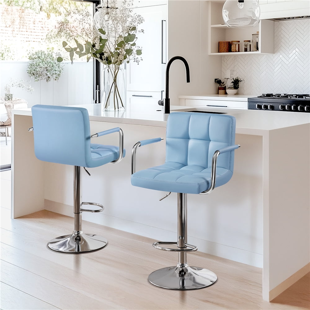 Yaheetech PU Leather Bar Stools with Large Steel Pedestal Base, Set of 2, Blue
