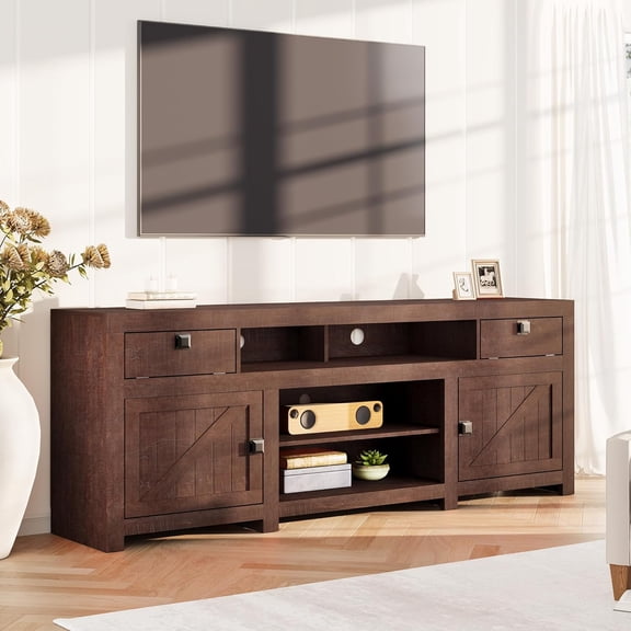 Garvee Farmhouse Wooden TV Stand for 75 Inch TV, 70" Long Entertainment Center with 4 Door and 2 Open Storage Spaces, Rustic TV Stand for Living Room, Bedroom