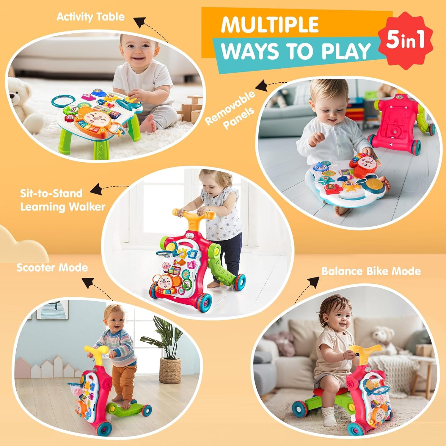 AuntyFey 5-in-1 Baby Walker, Adjustable Height Push Walker with Wheels, Sit to Stand Infant Learning Toy for Boys Girls, Red