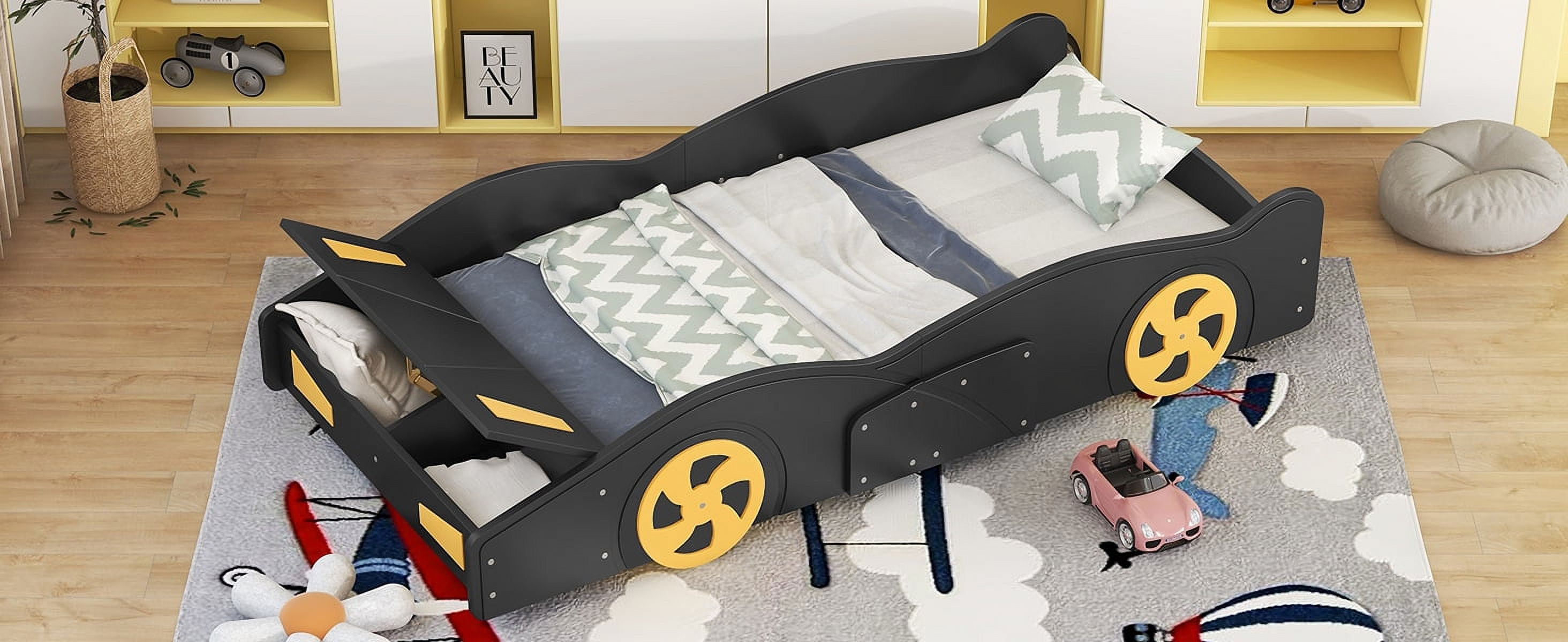 imerelez Twin Size Race Car-Shaped Platform Bed with Wheels and Storage, Black+Yellow