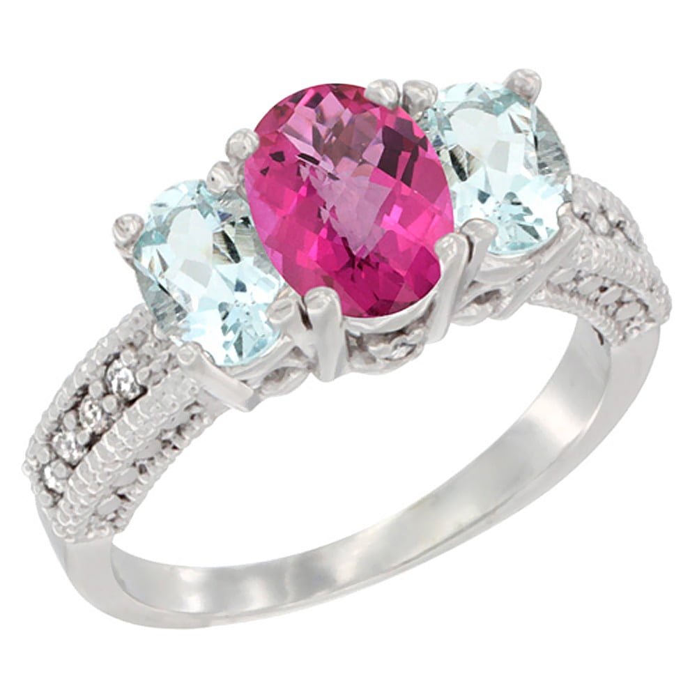 14K White Gold Diamond Natural Pink Topaz Ring Oval 3-stone with Aquamarine, sizes 5 10 by WorldJewels