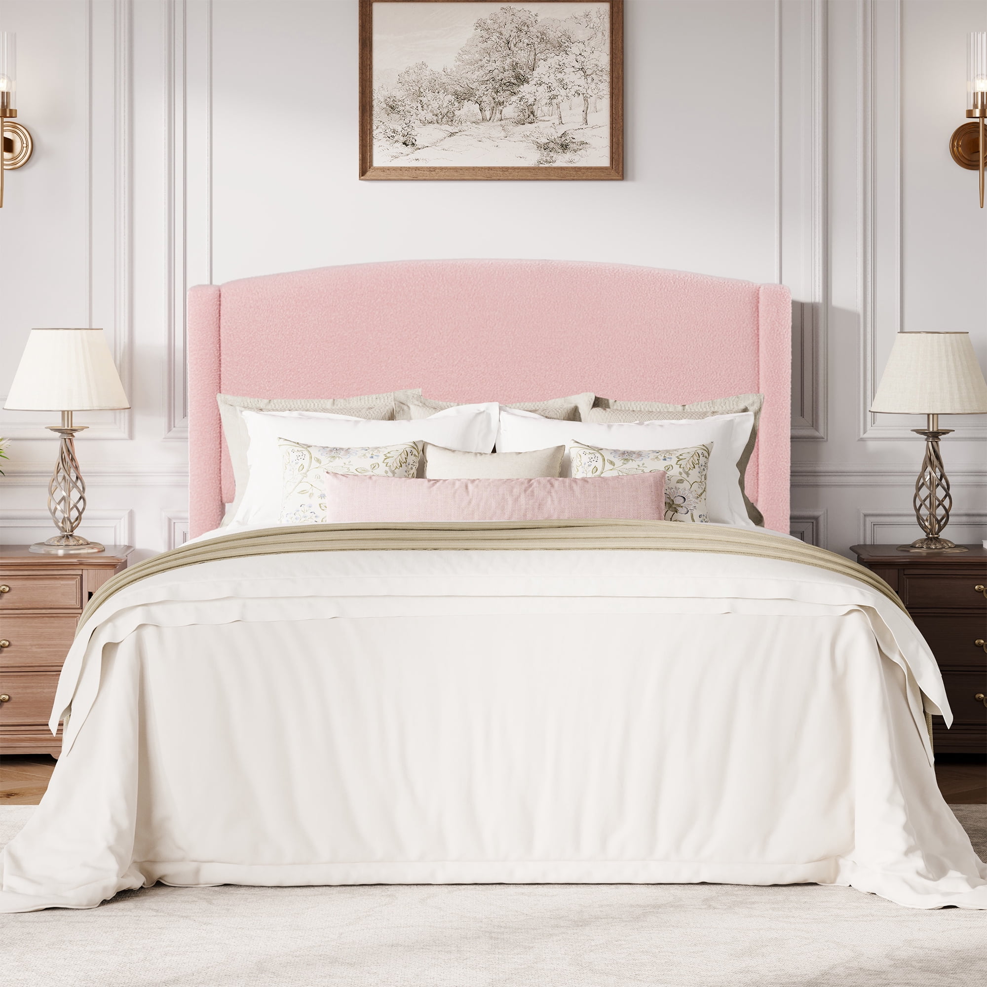 Amolife Full Bed Frame, Platform Upholstered Bed with Soft Teddy Fabric Curved Headboard, Pink