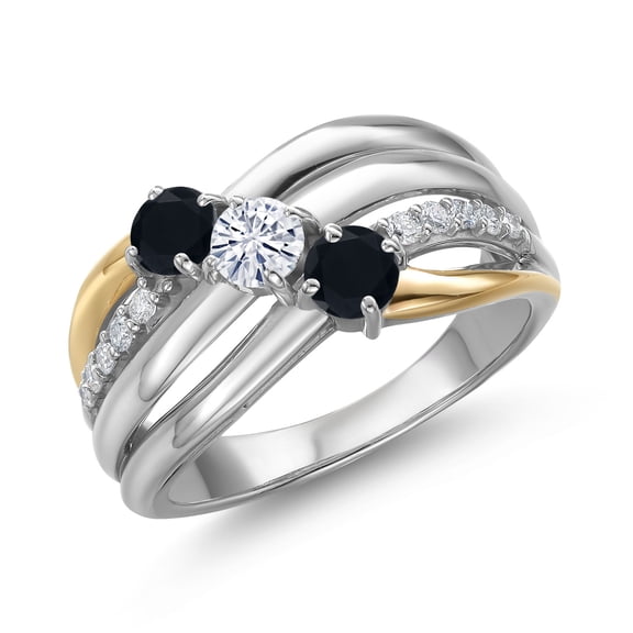 Gem Stone King 925 Silver and 10K Yellow Gold Black Onyx and Moissanite and Lab Grown Diamond Engagement Ring for Women | 0.82 Cttw | Round 4MM | December Birthstone | Size 8