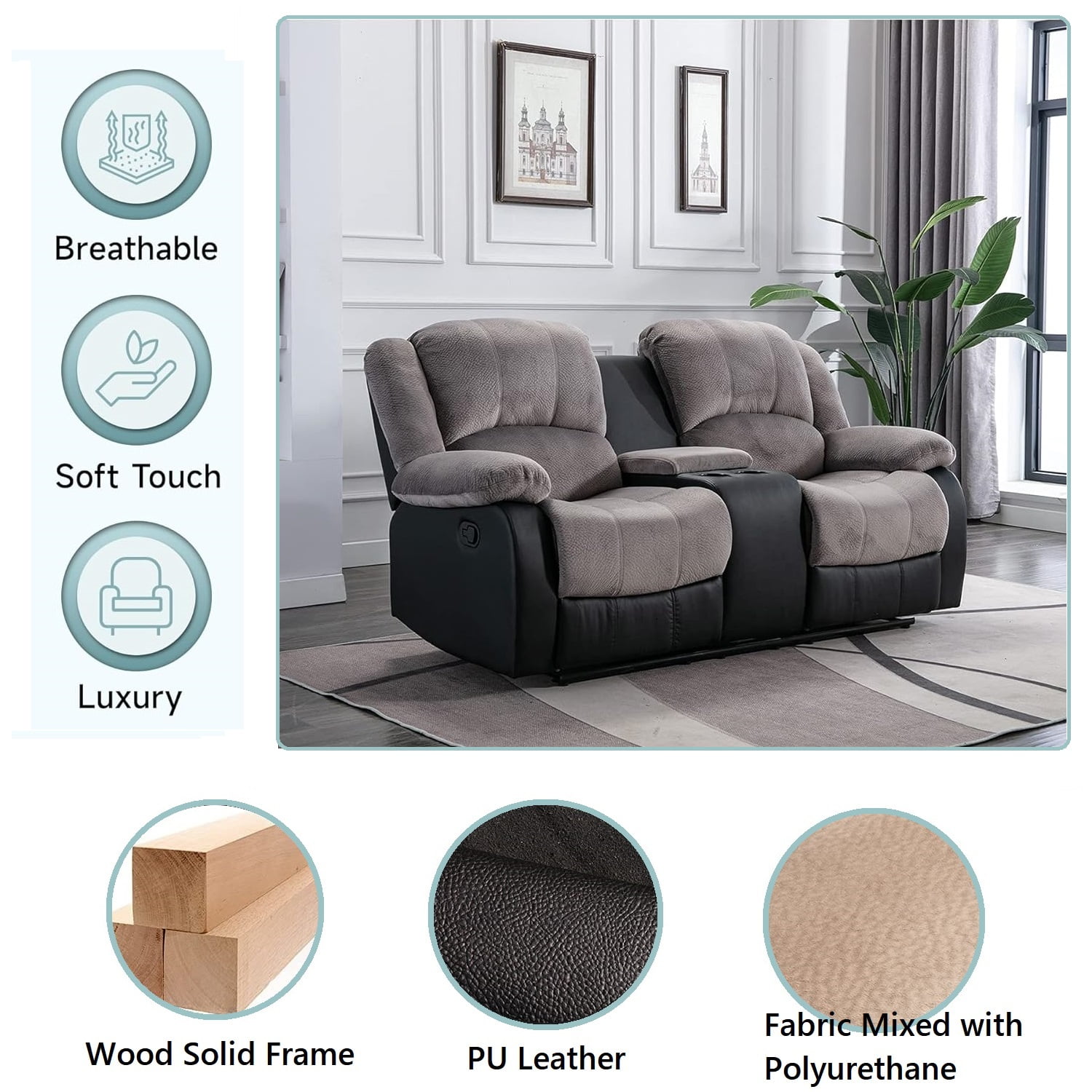 Nathaniel Home Manual Reclining Sofa, PU Leather Upholstered Double Recliner Loveseat, 2-Seater Home Theater Seating with Console, Arm Sofa Recline Chair for Living Room, Gray