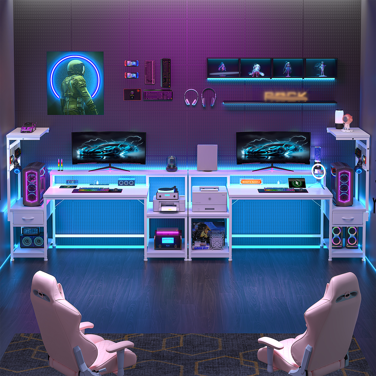 Romorgniz 55"W Gaming Desk Computer Desk with Hutch & Monitor Stand Corner Desk with LED Lights & Outlets for Gaming,Studying,Home Office Desks,White