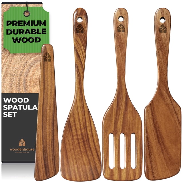 Wooden Spatula for Cooking, Kitchen Spatula Set of 4, Natural Teak Kitchen Utensils Including Paddle, Turner, Slotted Spurtle and Wood Scraper - Nonstick cookware