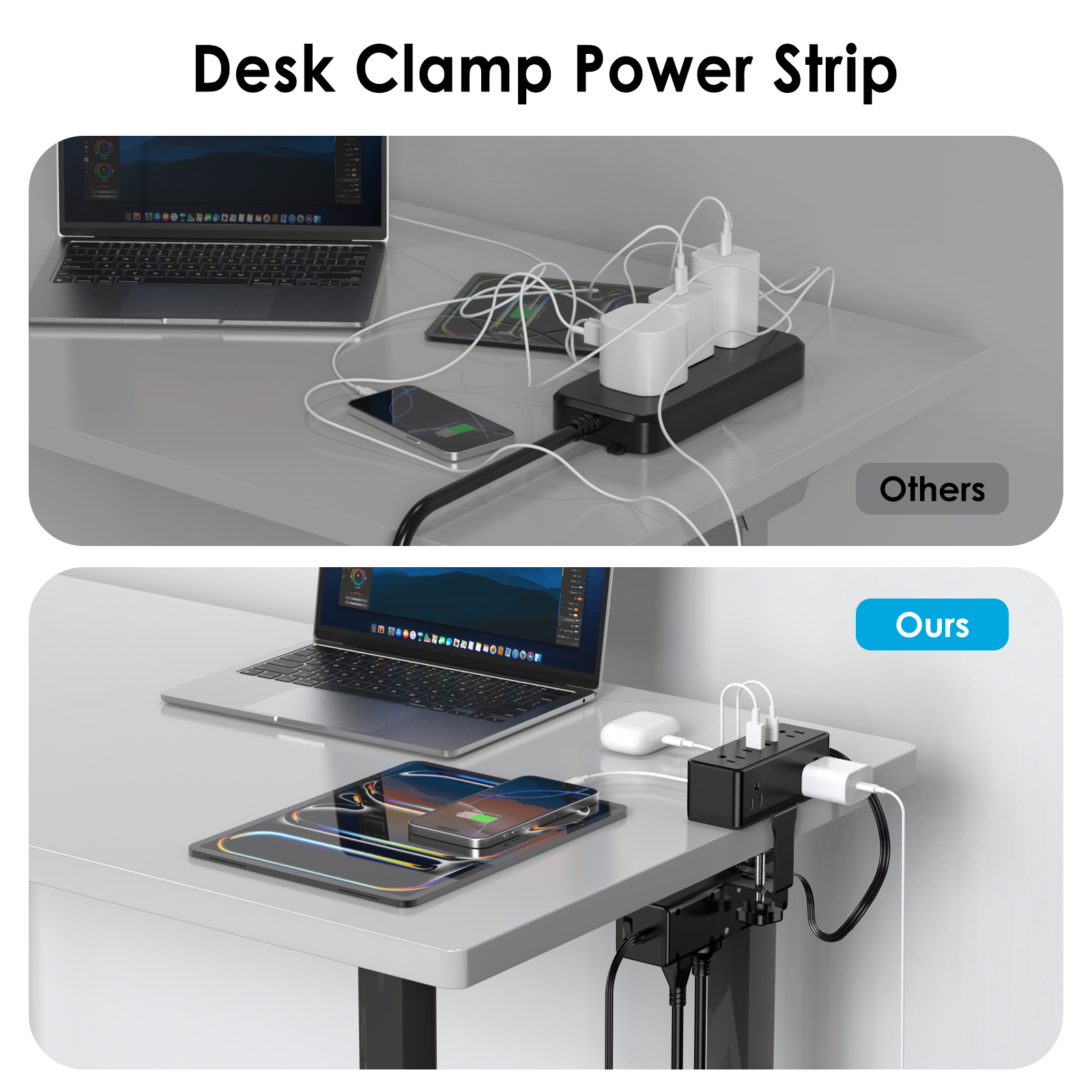 VILONG Desk Clamp Power Strip with 2 USB-c & 2 USB-a,15-Outlet Surge Protector, Edge Mount Design,5ft Extension Cord for Desktop(ETL Certified, Black)