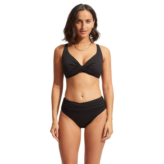 Seafolly Women's Standard High Waist Wrap Front Bikini Bottom Swimsuit, Eco Collective Black, 6