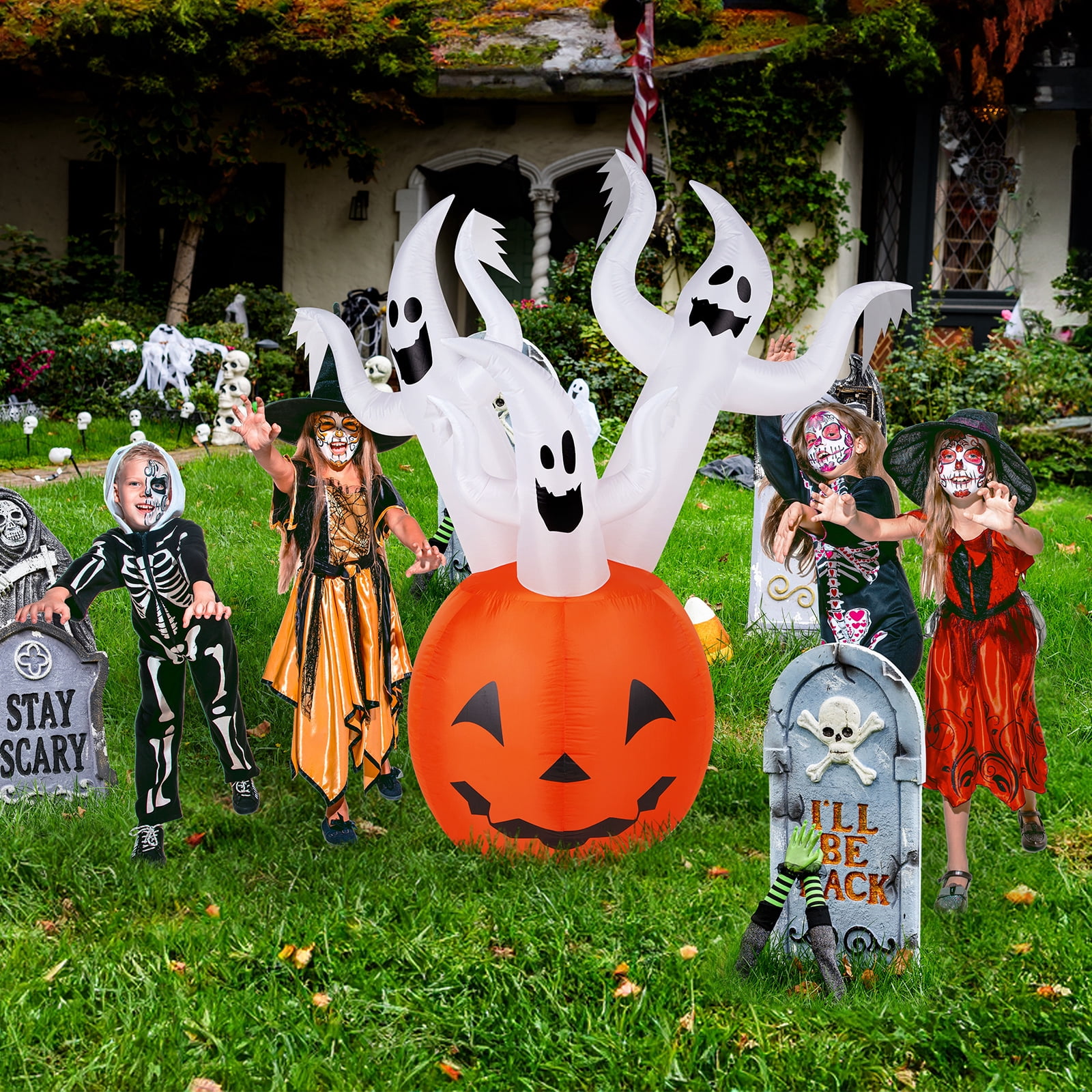 Astoutdoor Halloween Inflatable Pumpkin Ghost Outdoor Decoration, 5.9 ft Blow Up Yard Decor with Built-in LED Lights