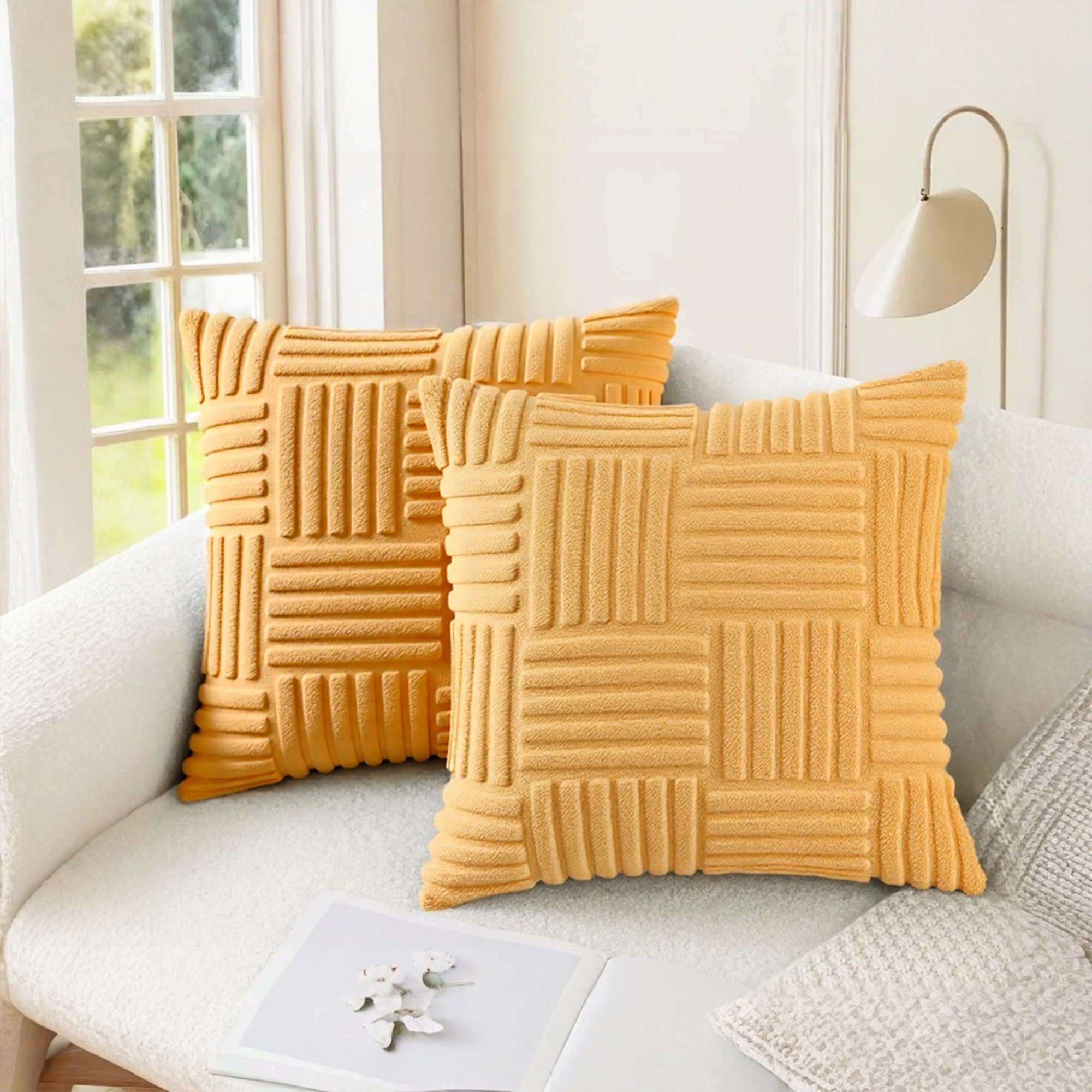 Unique Bargains Set of 2 Striped Soft Decorative Couch Pillow Cases Yellow 12" x 20"