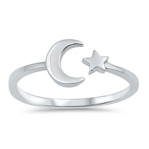 Rhodium Plated Sterling Silver Star And Moon Ring