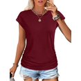 thumbnail image 2 of T-shirts d'Été pour Femmes Froncés à Manches Courtes Style Cap, T-Shirts à Col Rond, Mode Rouge Vin TG, 2 of 6