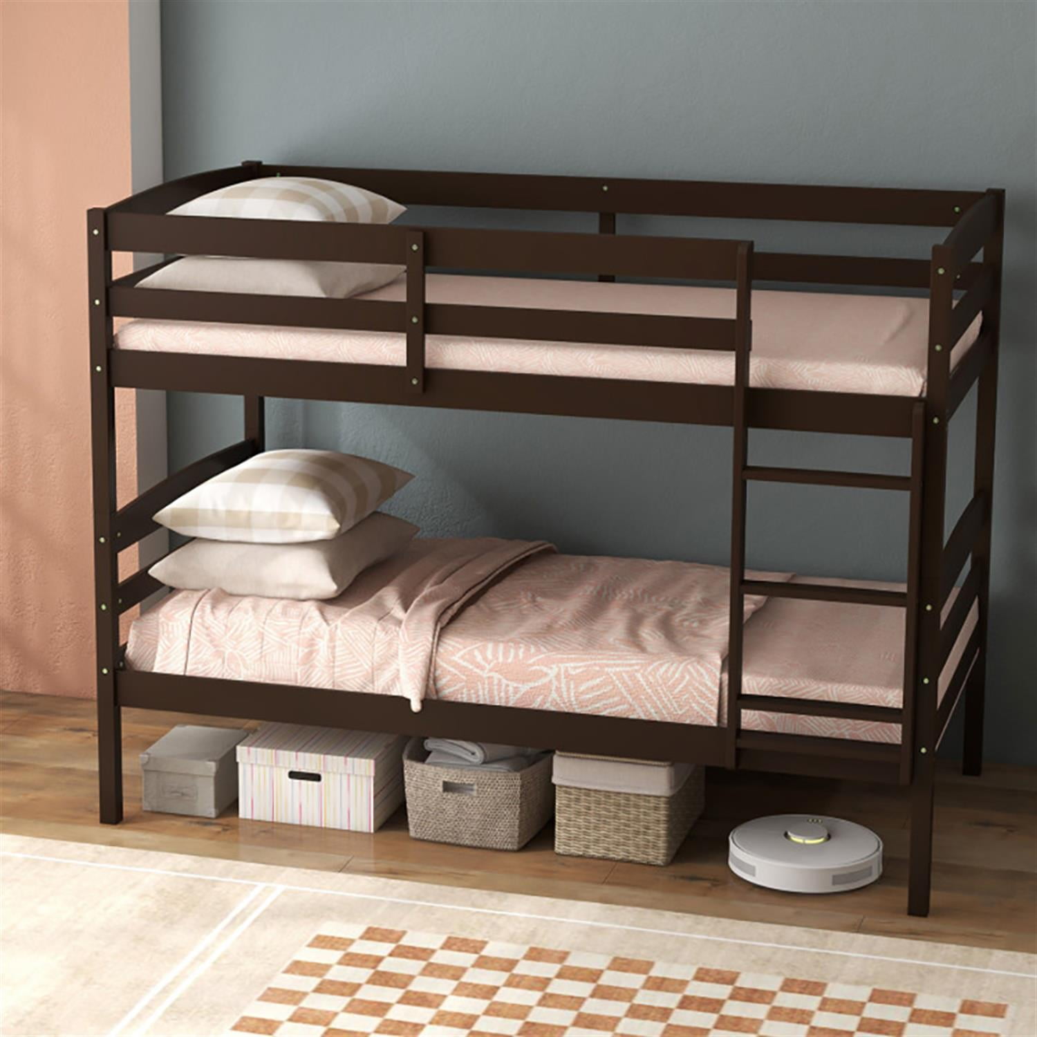 Demi Bonn Solid Wood Twin Over Twin Bunk Bed with High Guardrails and Integrated Ladder, Twin Bunk Beds, Bed Frame, Brown