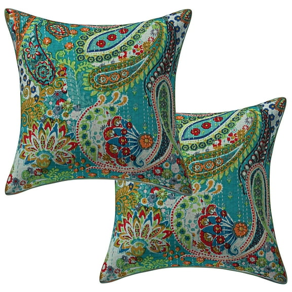 Stylo Culture Indian Chair Seat Throw Pillow Covers 16 x 16 Floral Kantha Sea Green Printed 40 x 40 cm Home Decor Cotton Paisley Square Cushion Covers | Set Of 2