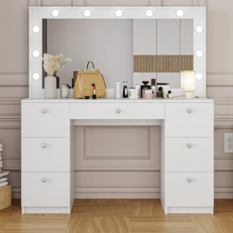 boahaus artemisia dressing table ebern designs Boahaus GRWM Artemisia Lighted Makeup Vanity with Mirror, Bluetooth & Power Outlet, White
