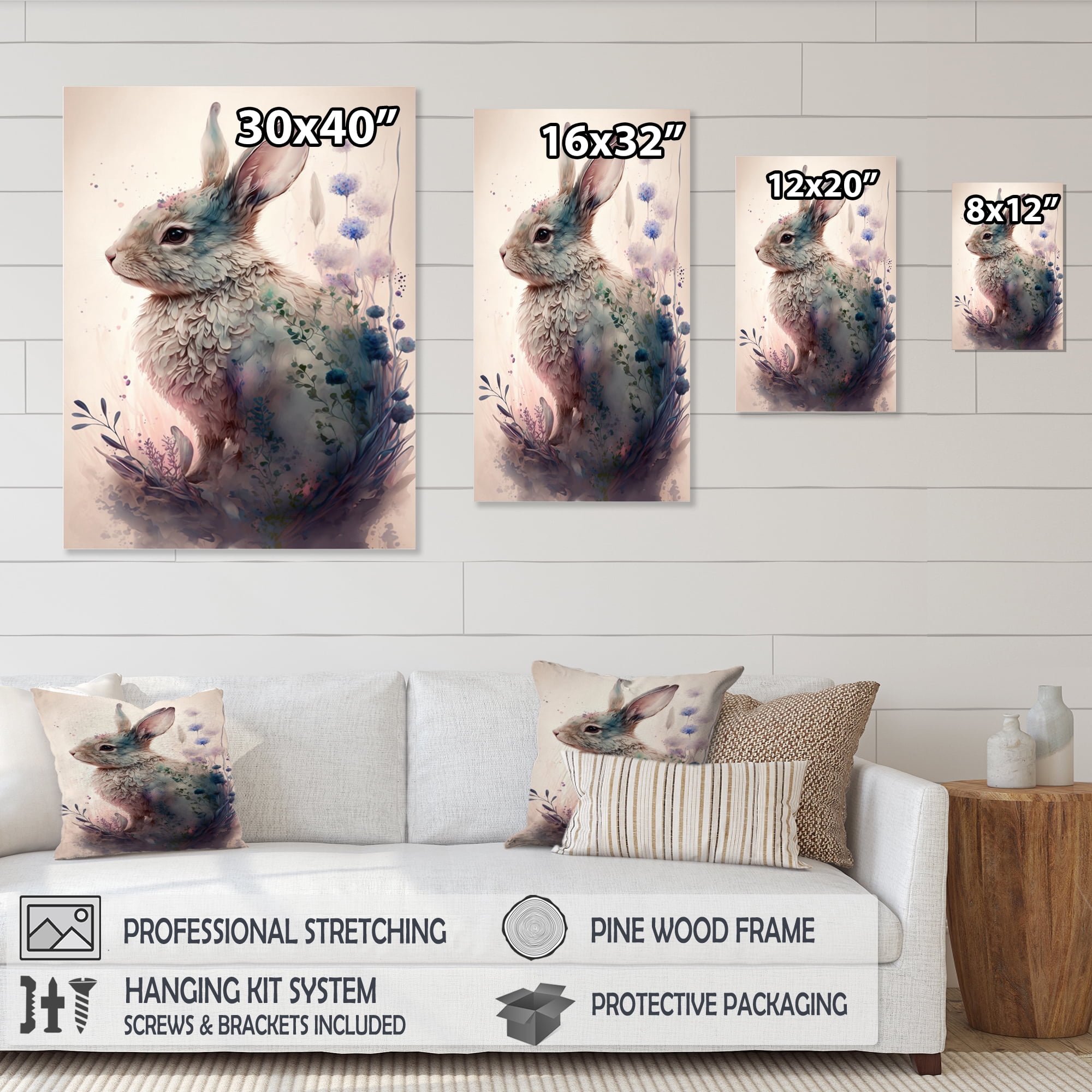 Designart Cute Rabbit Floral Art IV Canvas Wall Art