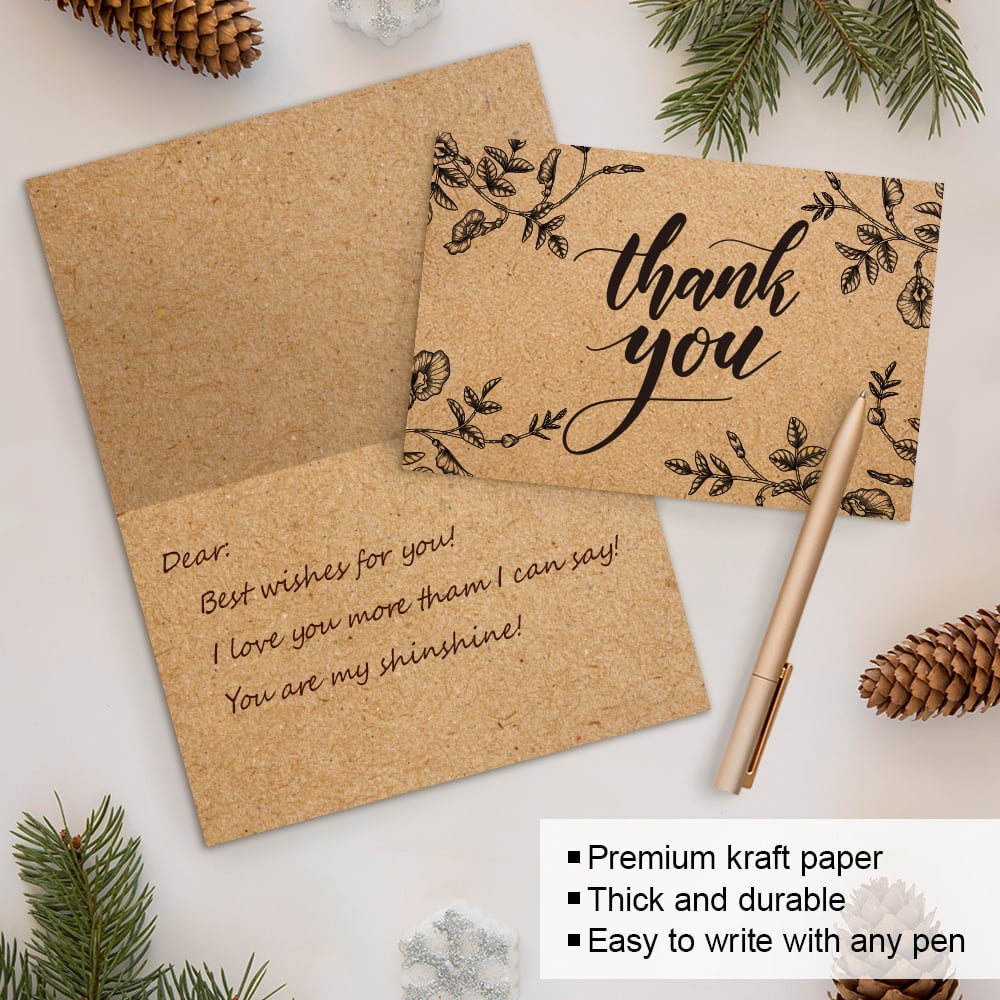 144 Bulk Brown Kraft Thank You Cards with Envelopes & Stickers, 8 Elegant Designs, 4x6 inch
