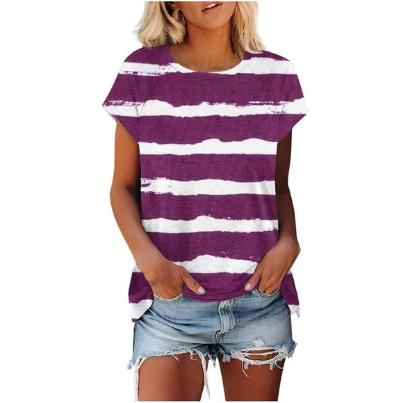 Staron Women Summer Tops Dressy Casual Crew Neck Raglan Short Sleeve Tunic Dressy Blouses Striped Color Block Basic Business Tees Shirts Hot Pink M