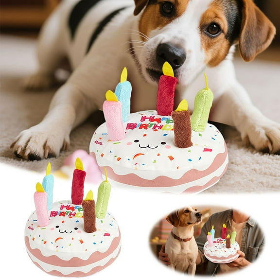 Dog Birthday Cake Toy - Squeaky Plush Dog Toy with_Can-dles in Vibrant Happy Colors - Durable Chew and Cuddly Playmate for Medium to Large Dog Breeds(B)