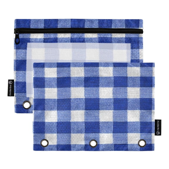 2 Pack 3 Ring Binder Pouch with Clear PVC Window Water Resistant Zipper Pencil Pouch Deep Blue Checkered Binder Pocket for Classroom Office Home Stationery Organization