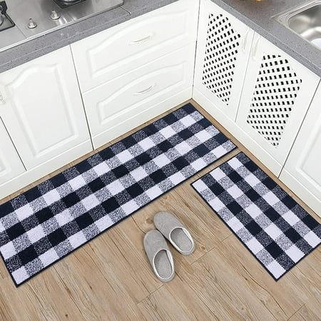 

2 Pieces Buffalo Plaid Check Rug Set Water Absorb Non-Slip Kitchen Rug Bathroom Mat Checkered Doormat Carpet for Laundry (17 x48 +17 x24 Navy&White)