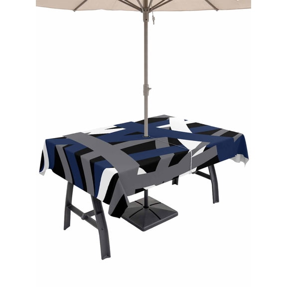 Outdoor Tablecloths with Umbrella Hole & Zipper, Navy Blue Black Geometric 60 x102 Inch Rectangle Tablecloths, Modern Art Abstract Grey Line Waterproof Table Cloth, Patio/Pool/Picnic Table Covers