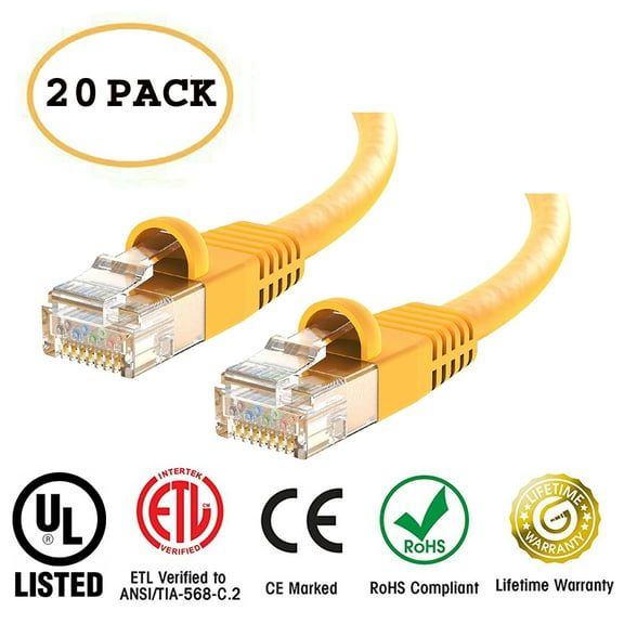 Huetron™ 20-Pack Cat 6 Ethernet Cable Cat6 Snagless Patch 1.5 Feet - Computer LAN Network Cord, YELLOW