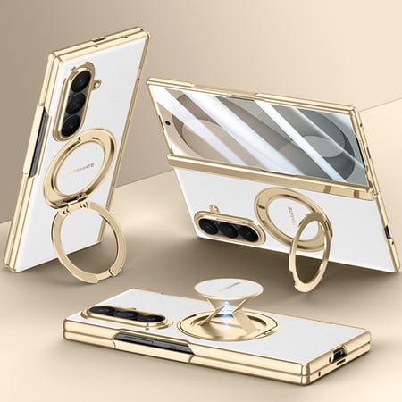 for Samsung Galaxy Z Fold8 Ultra Case, Stylish Magnetic PU Leather PC Hinge Protection Hand Strap 360° Rotating Ring Stand Front HD Screen Protector Anti-Scratch Anti-Fingerprint Phone Cover, White