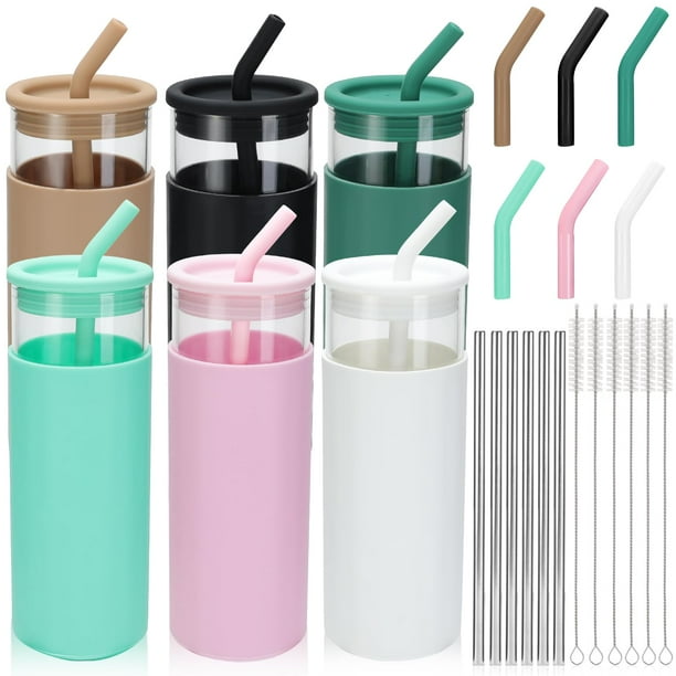Paquete de 6 Vasos con Tapas de Silicona y Pajita de Vidrio, Tazas de Vidrio para Café Helado de 16 Oz, Tazas para Batidos, Lindo Vaso Ideal para Agua con Cerveza Al Aire Libre (Incluye 6 Cepillos de Limpieza)