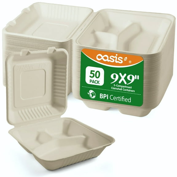 OasisSN Compostable 3-Compartment Clamshell Take Out Food Containers - 9x9" 50-Pack, Biodegradable Sugarcane To Go Boxes, Heavy Duty Paper Container - Microwave & Freezer Safe, Stackable