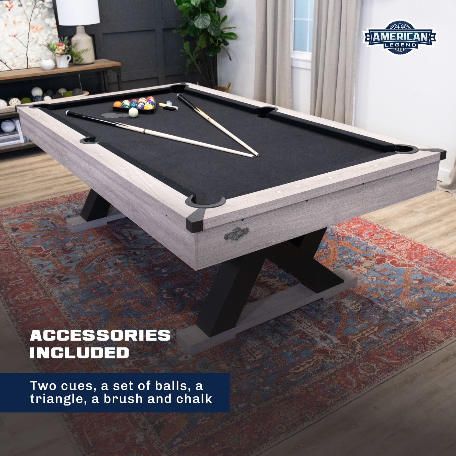 American Legend Kirkwood 90 Billiard Table with Rustic Finish, K-Shaped Legs and Black Cloth