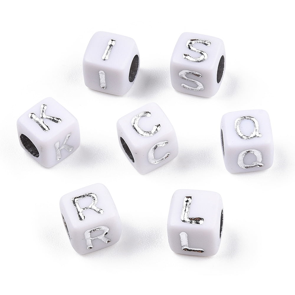 Plating Acrylic Beads Silver Metal Enlaced Mixed Letters Cube Letter A~Z 5.5~6x5.5~6x5.5~6mm Hole: 3.5mm 3000pcs/500g